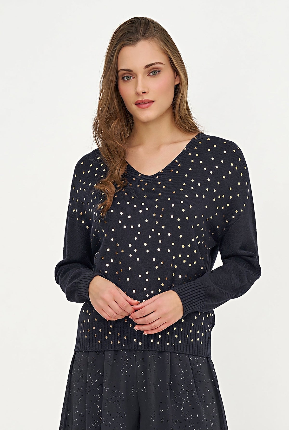 Women's Foil Polka-Dot Knit V-Neck Sweater with Long Sleeves