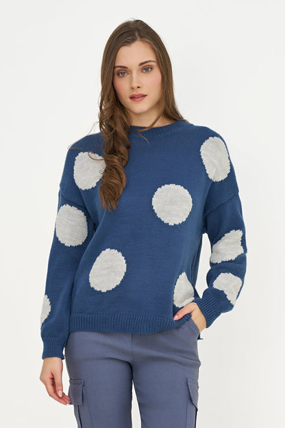 Women's Knit Polka-Dot Color-Block Crew-Neck Sweater with Long Sleeves