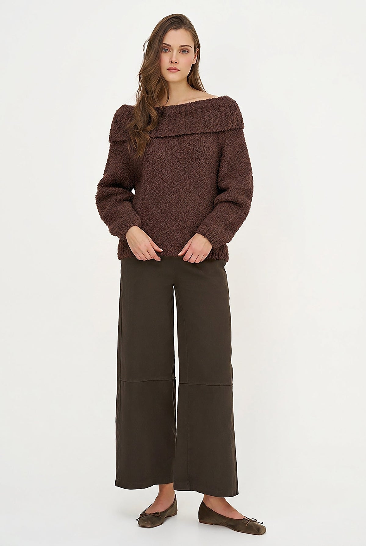 Women's Knit Off-Shoulder Sweater, Foldover Neckline & Long Sleeves