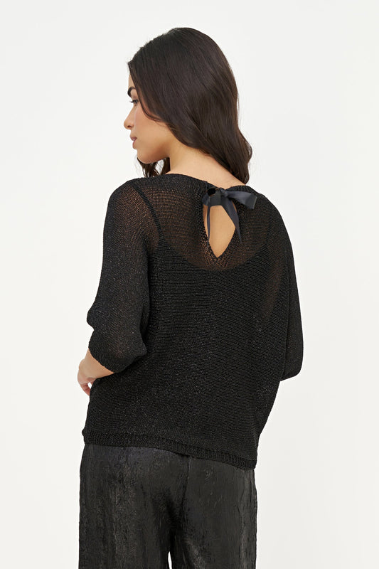 Women's Lurex Knit Boat-Neck Sweater, 3/4 Sleeves & Satin Back Bow