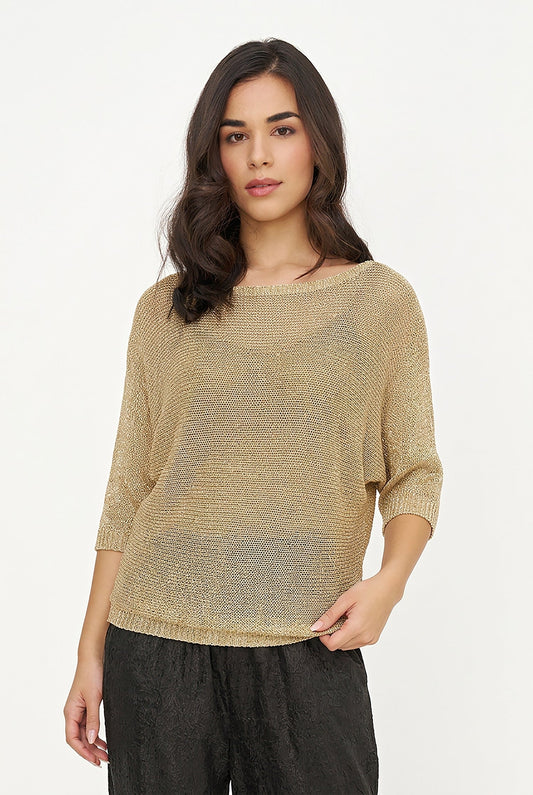 Women's Lurex Knit Boat-Neck Sweater, 3/4 Sleeves & Satin Back Bow