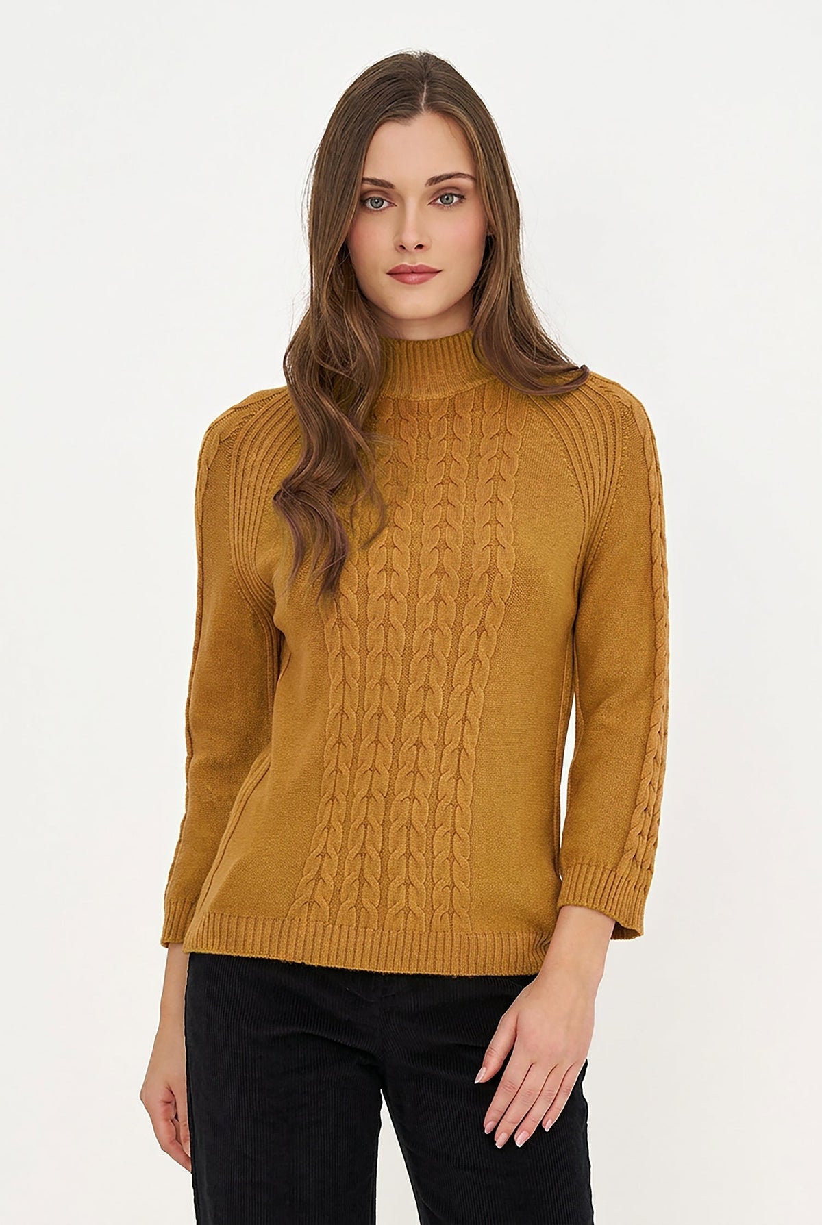 Women's Cable-Knit Mock-Neck Sweater with Long Raglan Sleeves