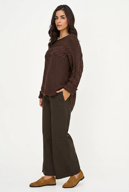 Women's Cable-Knit Scoop-Neck Sweater, Cuffed Sleeves & High-Low Hem
