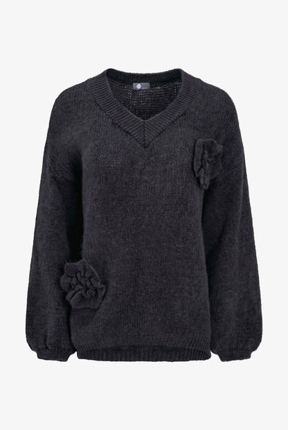 Women's Knit V-Neck Sweater, Long Sleeves & Flower Details