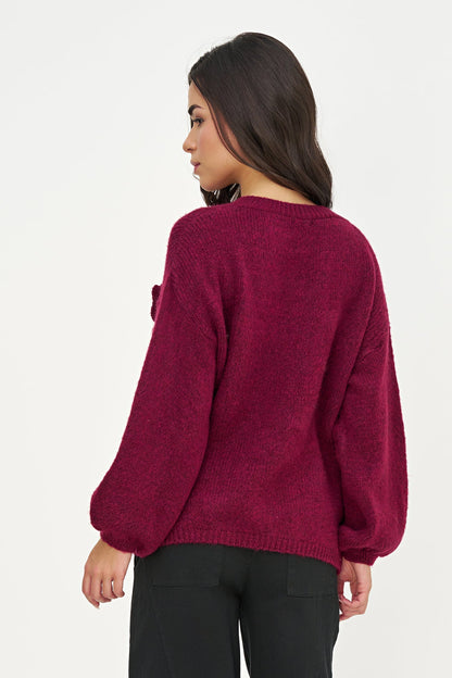 Women's Knit V-Neck Sweater, Long Sleeves & Flower Details