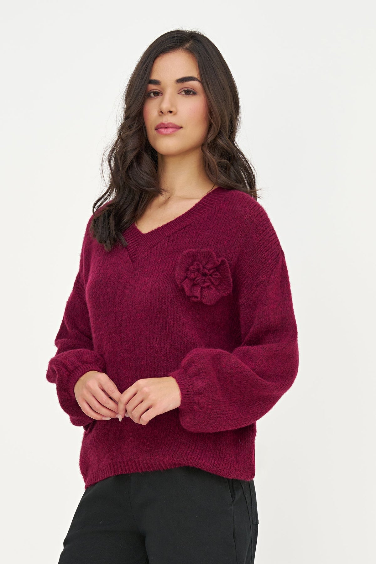 Women's Knit V-Neck Sweater, Long Sleeves & Flower Details