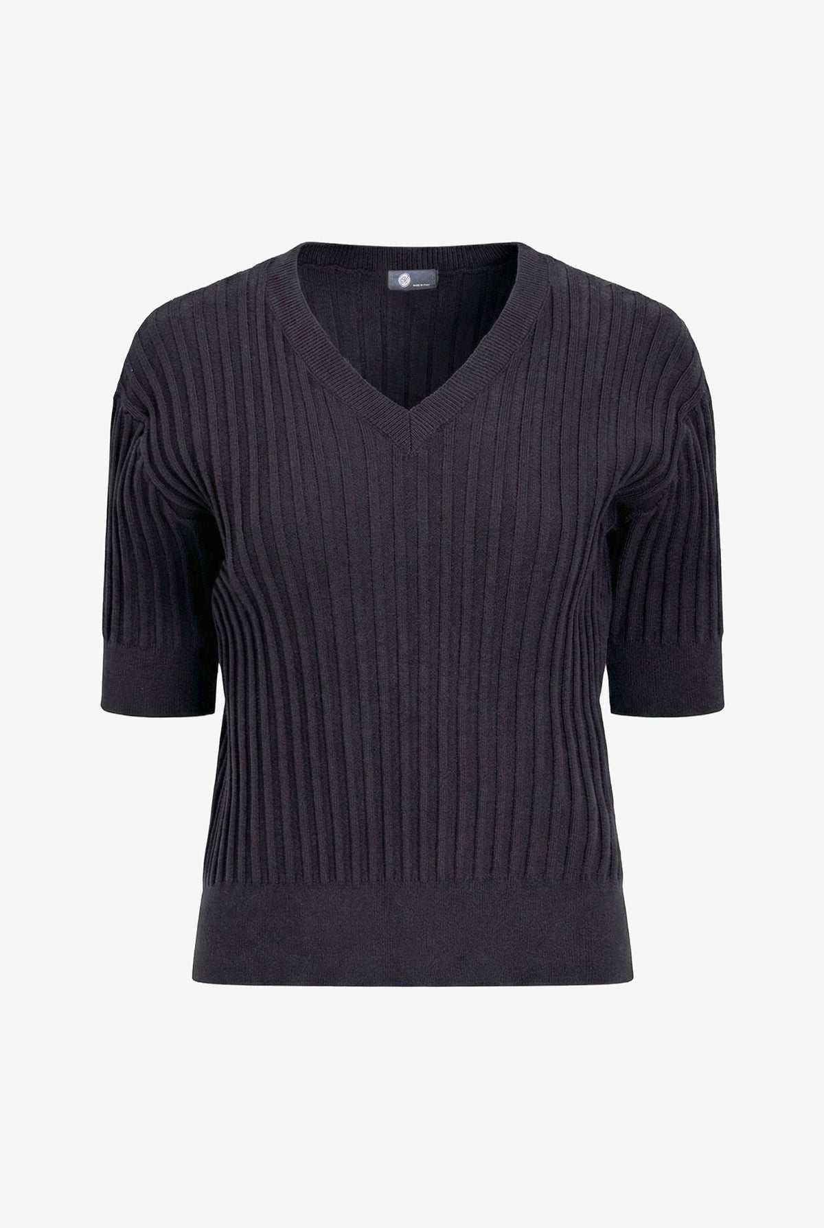 Women's Rib-Knit V-Neck Sweater with Elbow-Length Sleeves