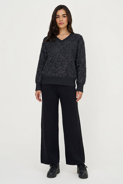 Women's Tinsel-Knit V-Neck Sweater with Long Sleeves