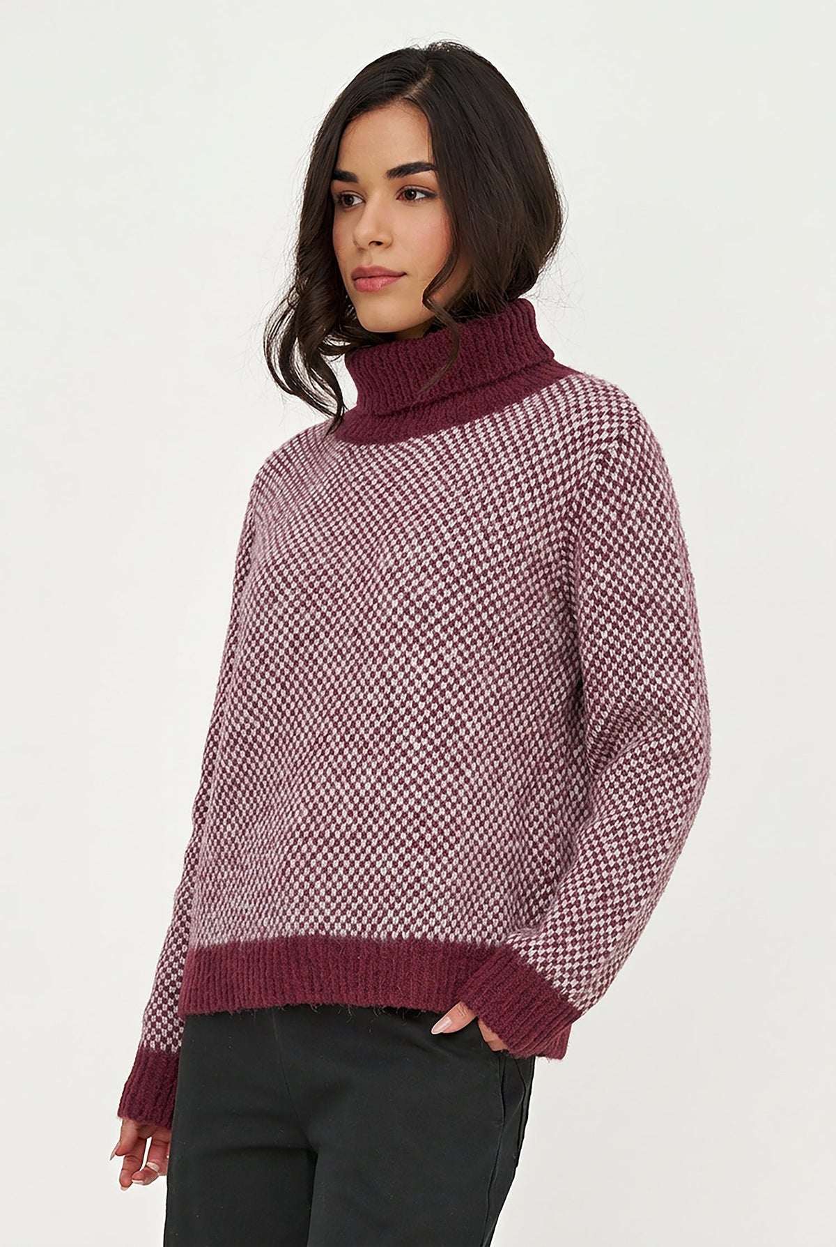 Women's Novelty Knit Color-Block Turtleneck Sweater with Long Sleeves