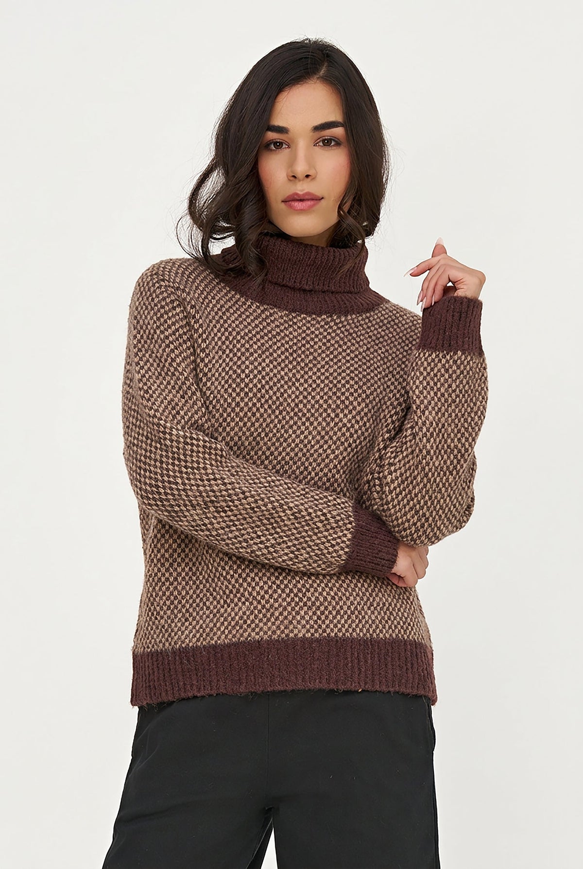 Women's Novelty Knit Color-Block Turtleneck Sweater with Long Sleeves