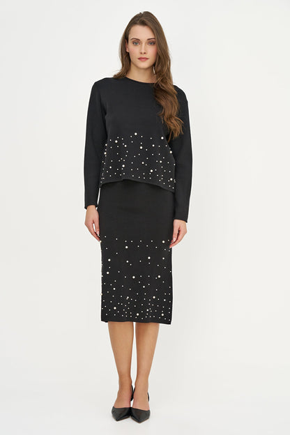 Women's Knit Crew-Neck Sweater, Long Sleeves & Pearl Details