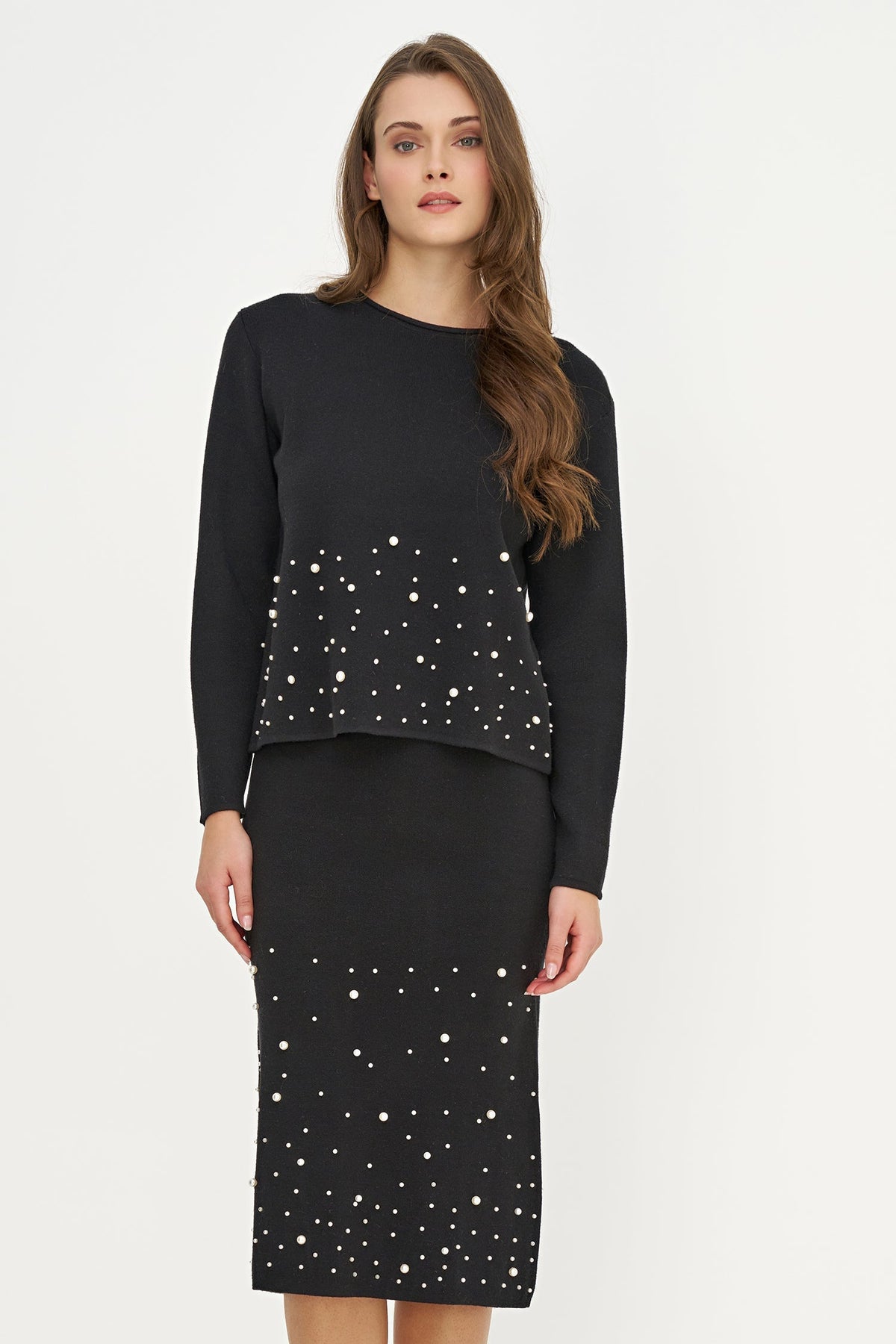Women's Knit Crew-Neck Sweater, Long Sleeves & Pearl Details