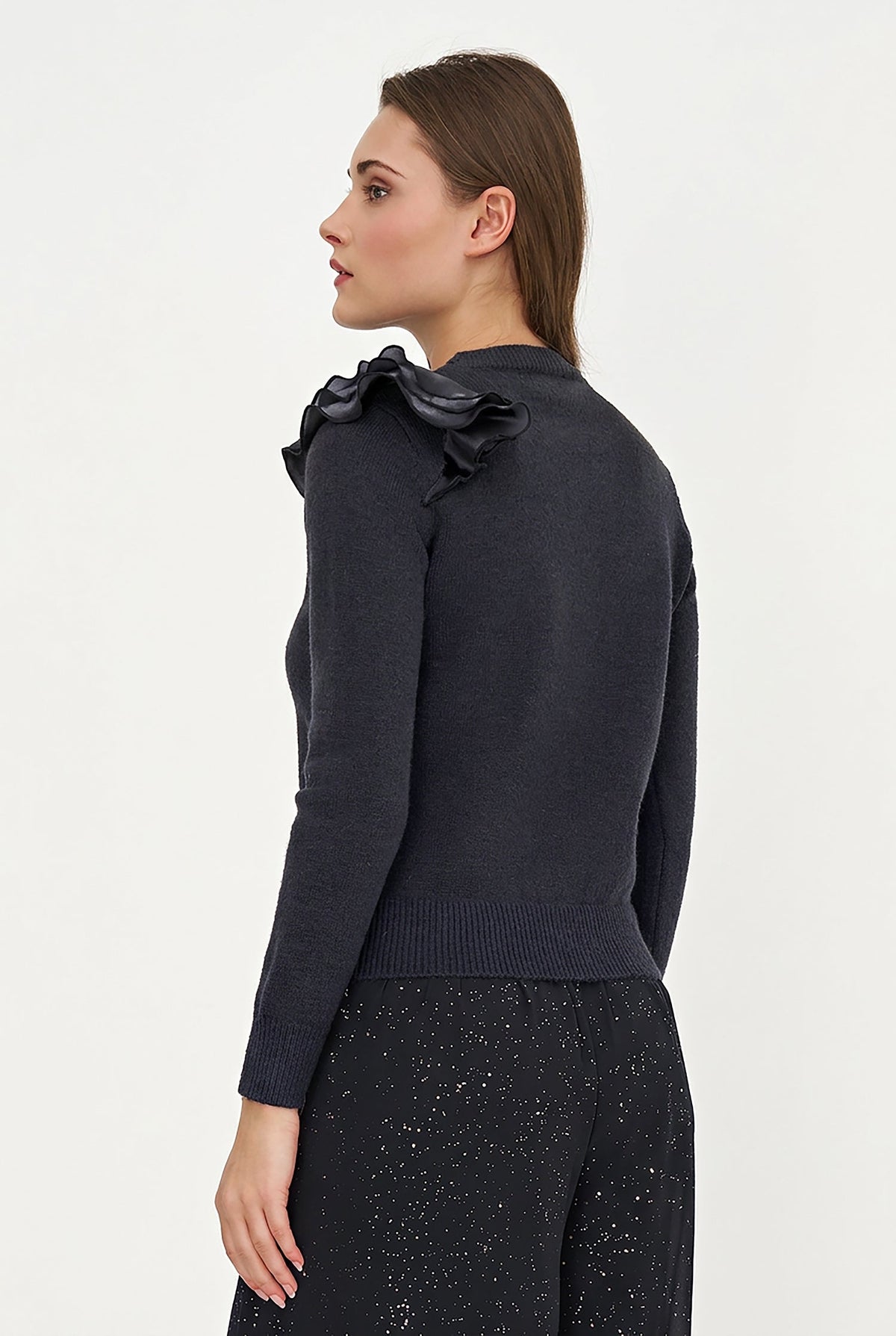 Women's Knit Crew-Neck Sweater, Long Sleeves & Organza Shoulder Ruffle