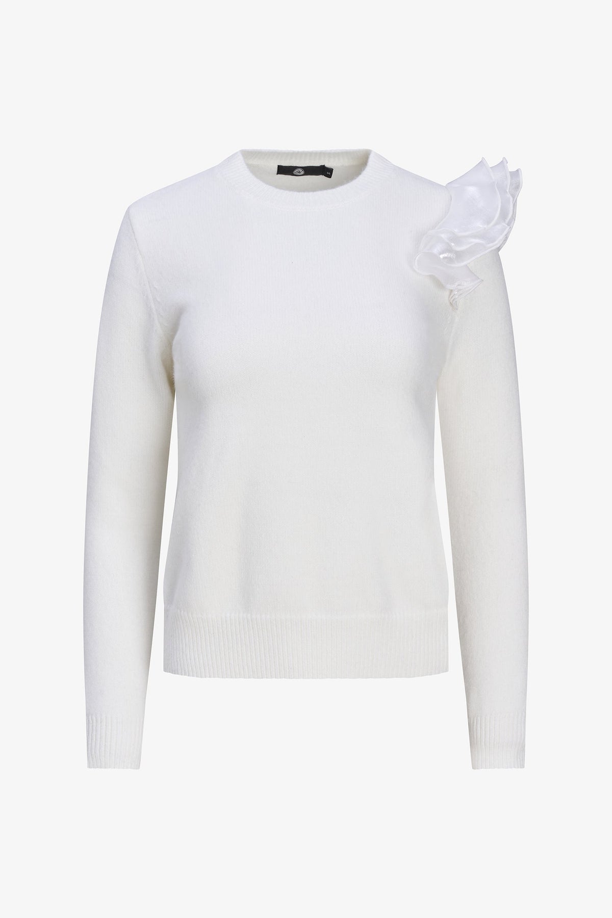 Women's Knit Crew-Neck Sweater, Long Sleeves & Organza Shoulder Ruffle