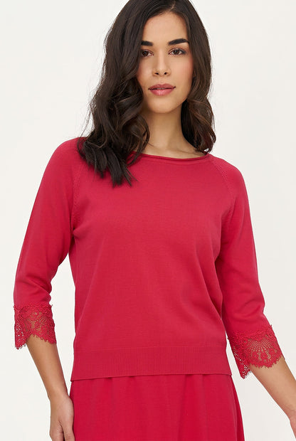 Women's Fine Knit Crew-Neck Sweater, 3/4 Raglan Sleeves & Lace Cuffs