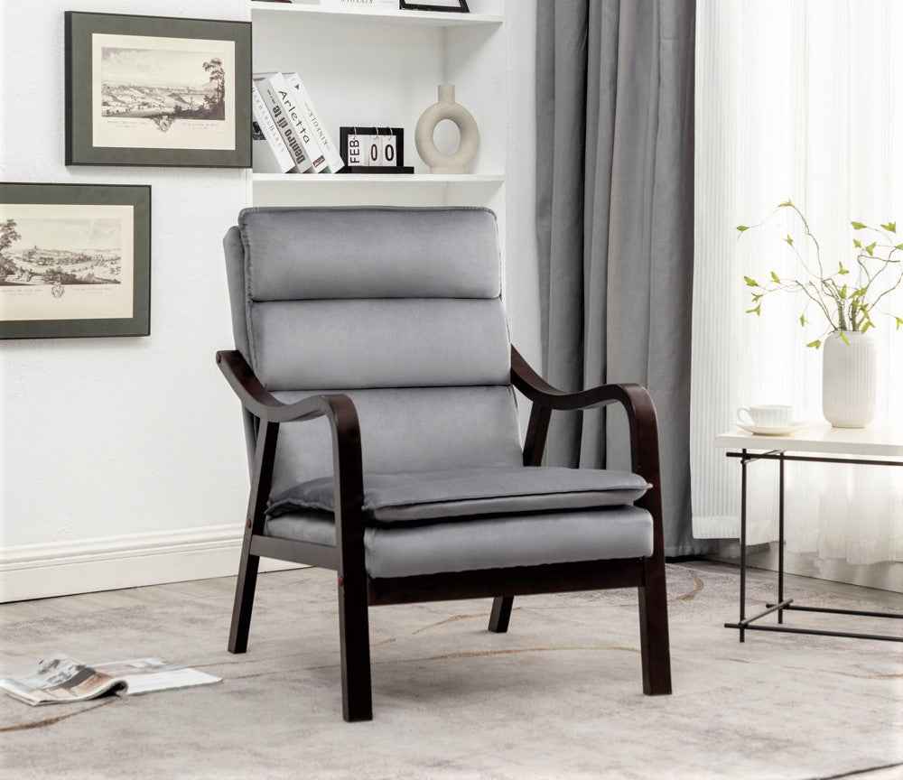 Mid-Century Modern Grey Velvet Accent Chair with Wood Armrests – Upholstered Reading Chair for Living Room & Bedroom | US Delivery Only