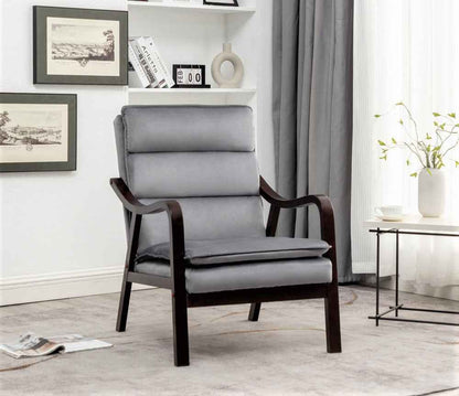 Mid-Century Modern Grey Velvet Accent Chair with Wood Armrests – Upholstered Reading Chair for Living Room & Bedroom | US Delivery Only
