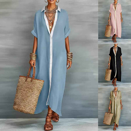 Women's Summer Maxi Shirt Dress – Lapel Collar Button-Up Casual Dress