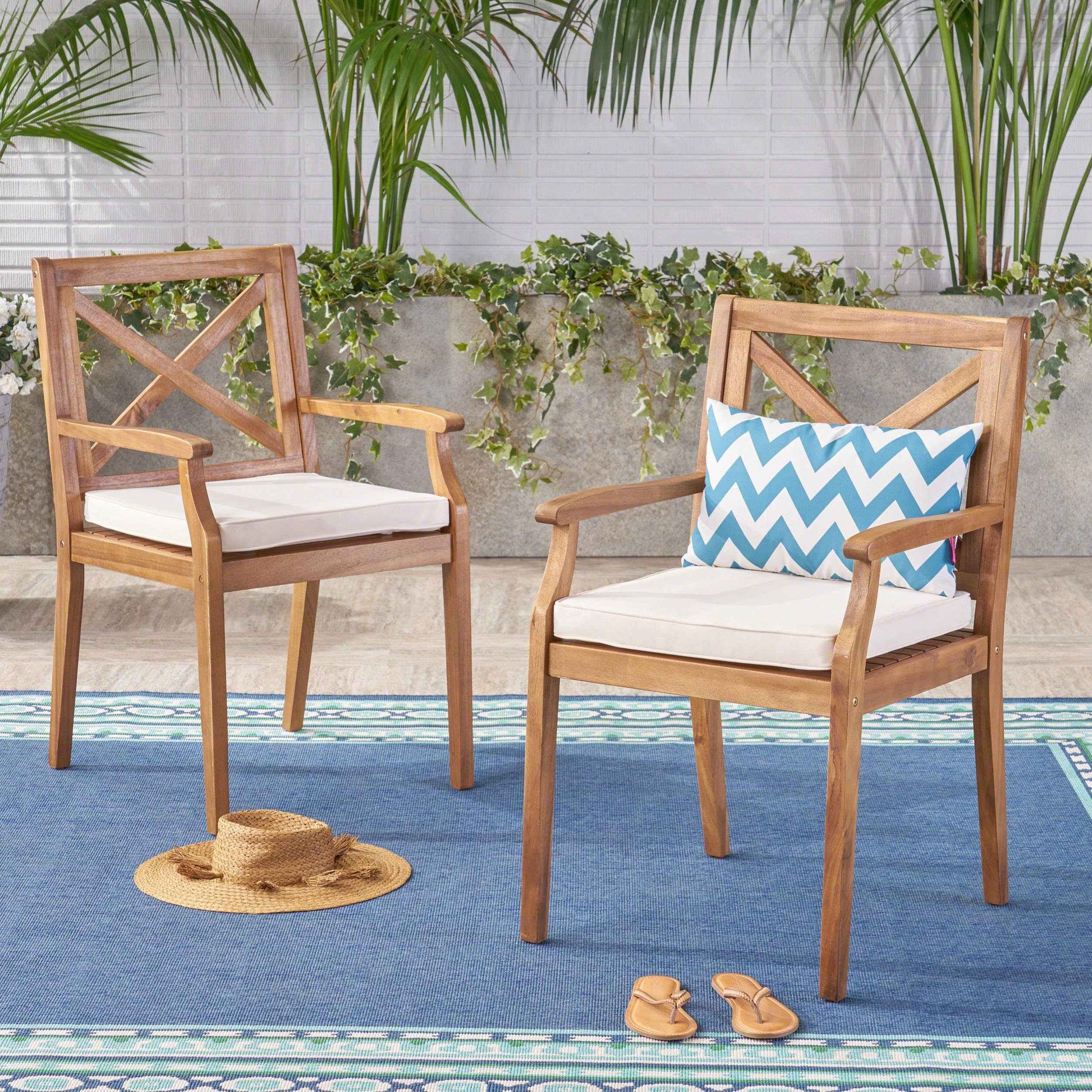 PERLA Outdoor Dining Chairs Set of 2 – Acacia Wood Patio Chairs with Water-Resistant Cream Cushions for Garden & Poolside