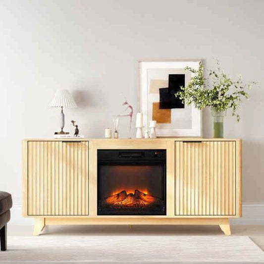 Oak Finish Fireplace TV Stand With 18 Inch Insert & Double Grid Doors, Embossed Particle Board Media Console 58 X 13.6 X 25.4 Inch