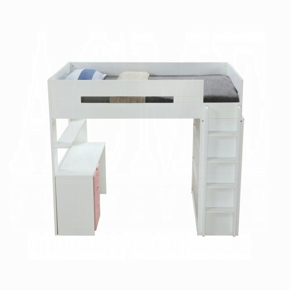 Lilo Twin Bunk/Loft Bed W/Workstation & Wardrobe - White/Pink