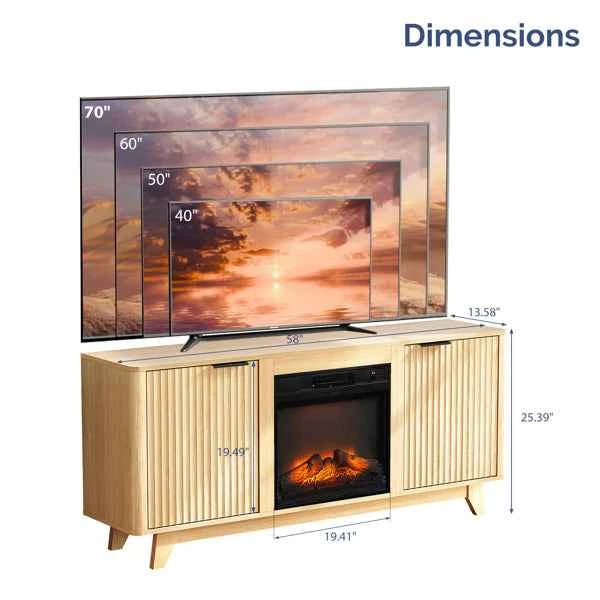 Oak Finish Fireplace TV Stand With 18 Inch Insert & Double Grid Doors, Embossed Particle Board Media Console 58 X 13.6 X 25.4 Inch