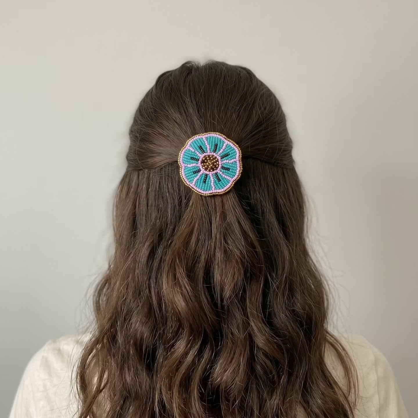 Turquoise Beaded Flower Barrette