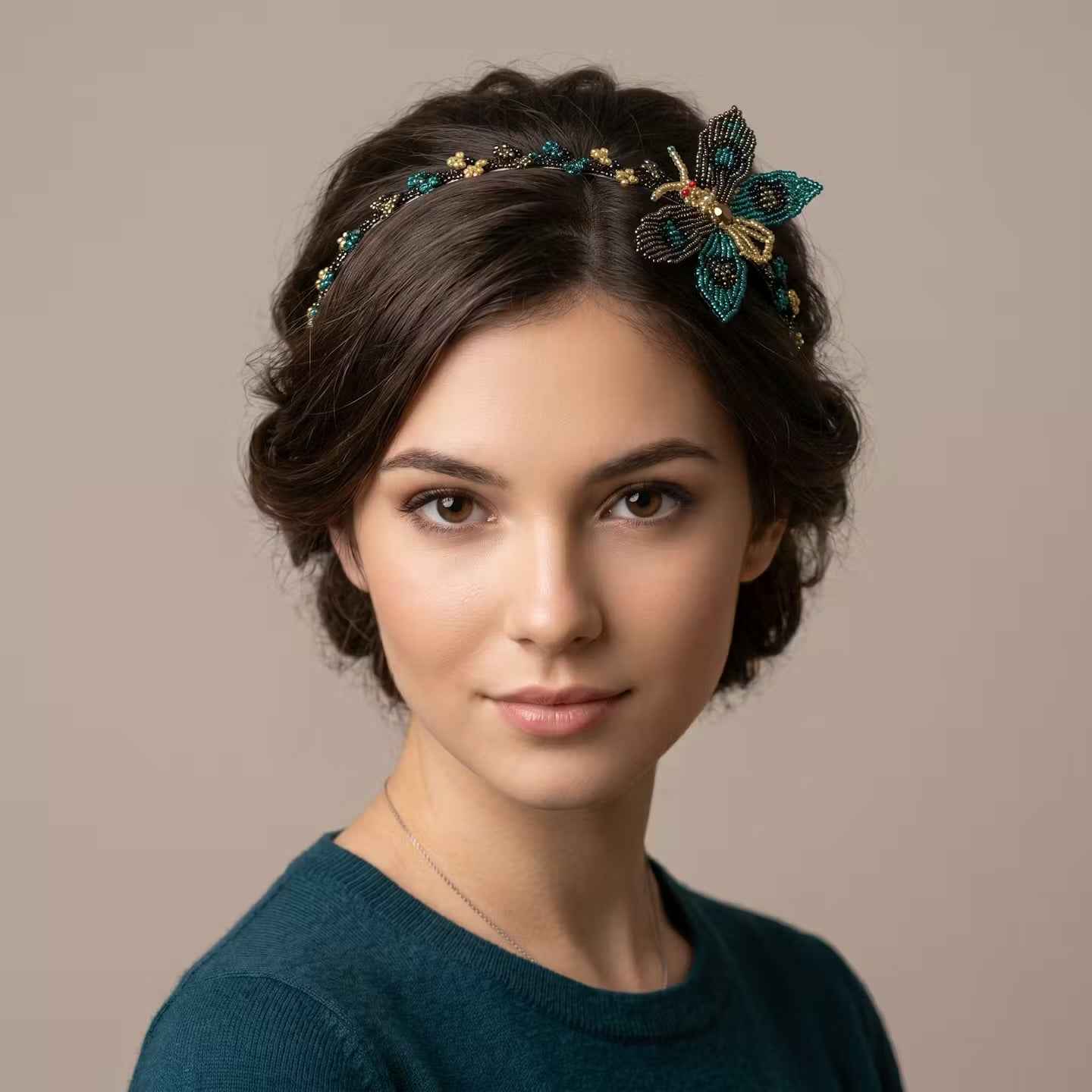 Beaded Headband with Butterfly Turquoise