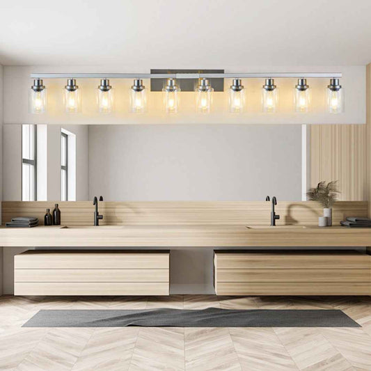 10-Light Brushed Nickel Bathroom Vanity Light Fixture – Clear Glass Wall Sconce Over Mirror with E26 Bulbs