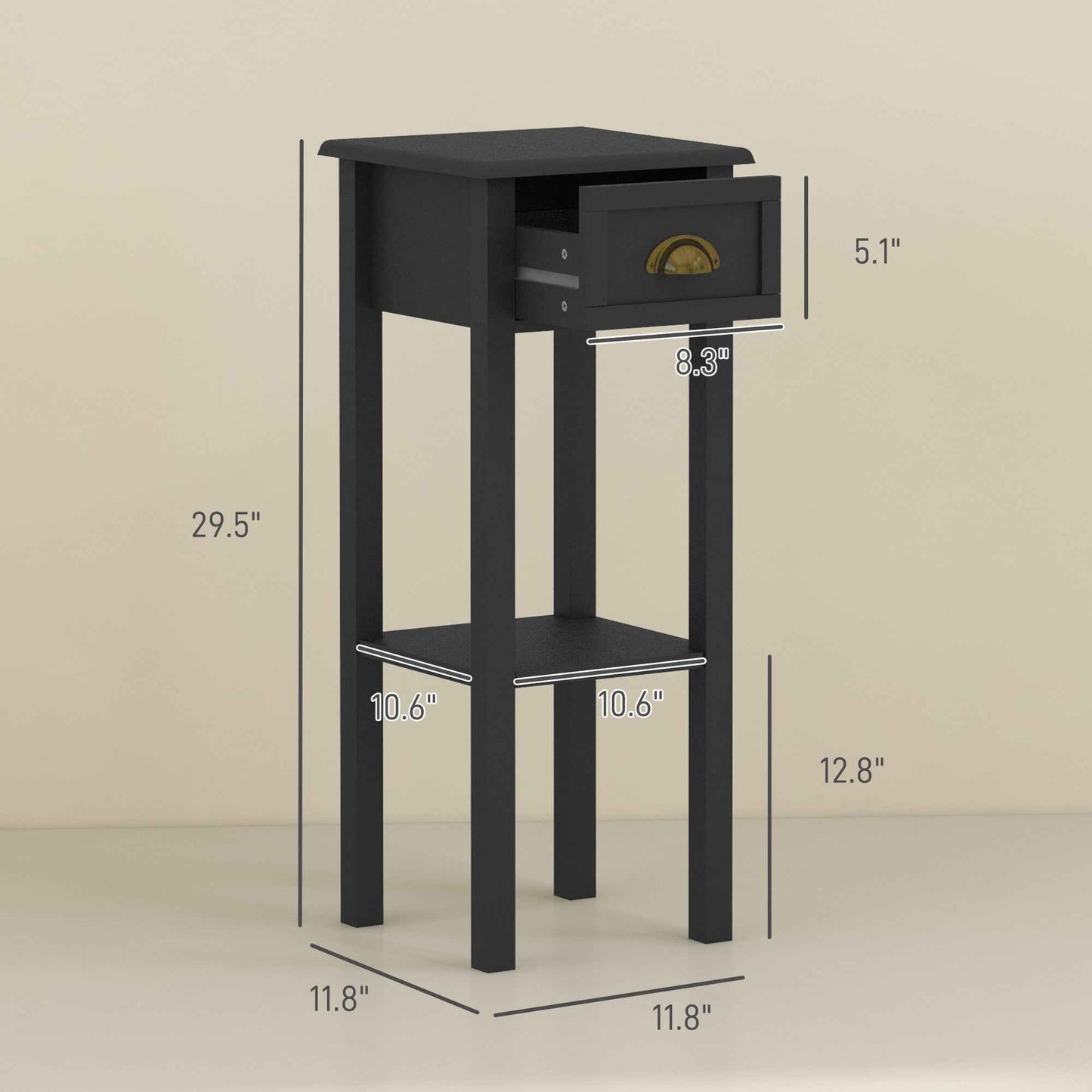 Set of 2 Black Side Tables with Drawer & Shelf – 2-Tier Narrow End Tables for Living Room & Hallway (Deliver to United States Only)