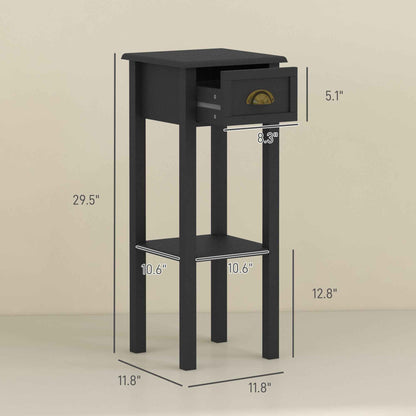 Set of 2 Black Side Tables with Drawer & Shelf – 2-Tier Narrow End Tables for Living Room & Hallway (Deliver to United States Only)