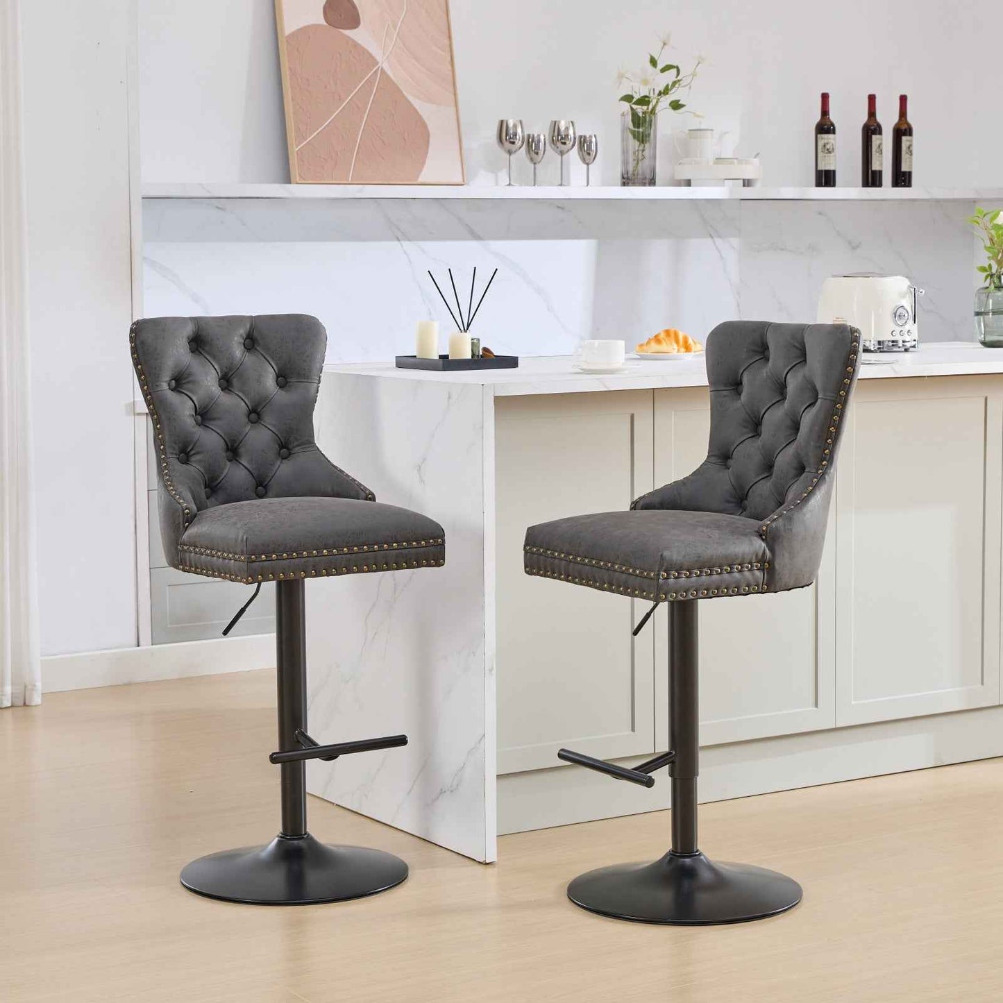 A&A Furniture Black PU Leather Bar Stools Set of 2 – Tufted Swivel Bar Chairs with Adjustable Height (Deliver to United States Only)