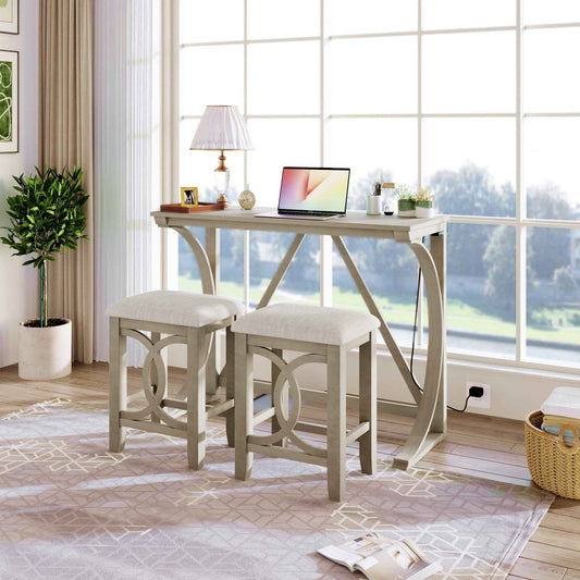 Farmhouse 3-Piece Counter Height Dining Set – White Solid Wood Table with Upholstered Stools & USB Port