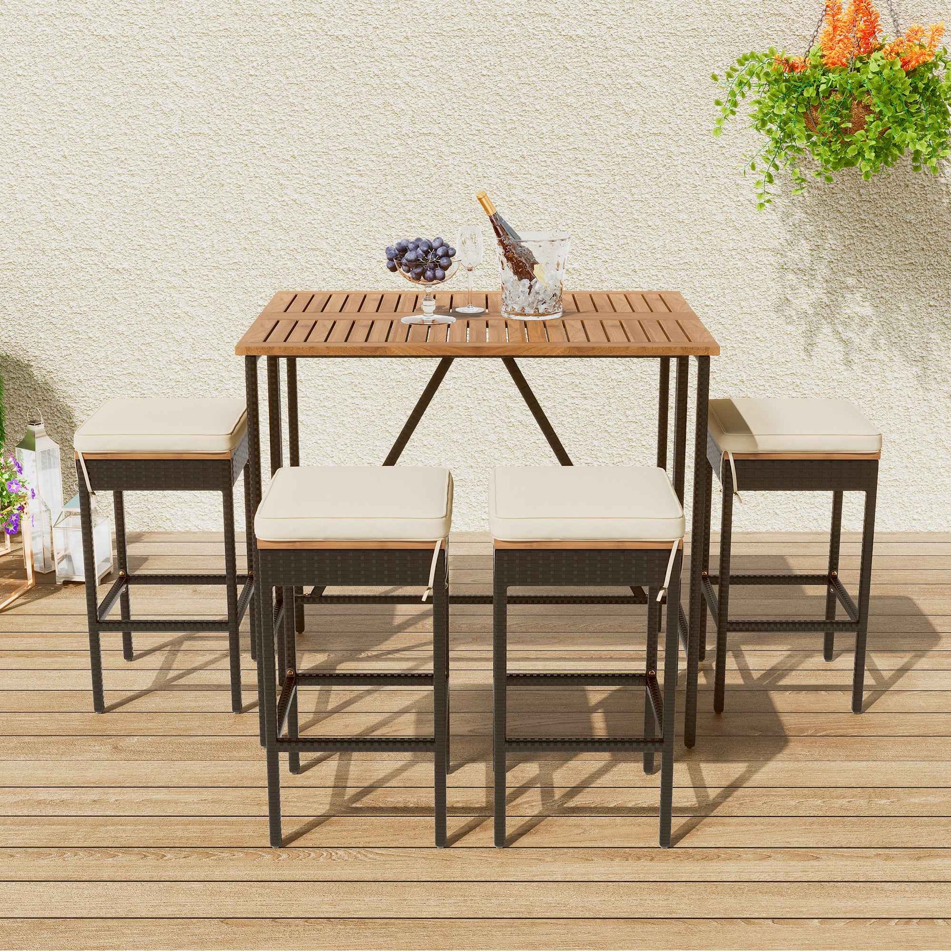 5-Piece Outdoor Acacia Wood Bar Table Set with 4 Cushioned Stools – PE Rattan Patio Dining Bistro Set ( Deliver To United States Only)
