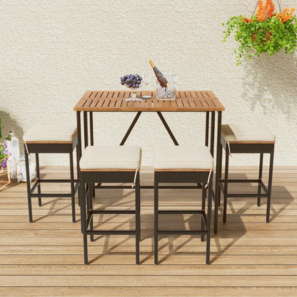 5-Piece Outdoor Acacia Wood Bar Table Set with 4 Cushioned Stools – PE Rattan Patio Dining Bistro Set ( Deliver To United States Only)