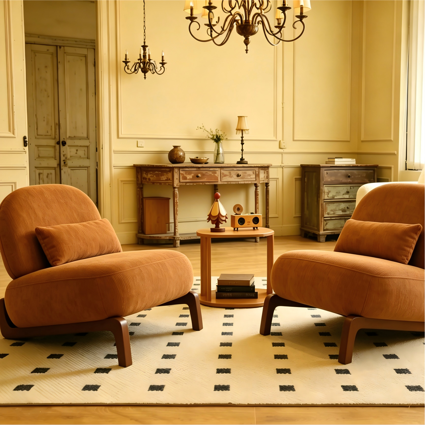 Set of 2 Caramel Accent Chairs with Solid Wood Legs – Soft Upholstered Armless Reading Chairs (US Delivery Only)