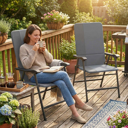 Folding Patio Chairs Set of 2 – Padded High-Back Lawn Camping Chairs with Armrests, 600D Oxford Fabric, Light Gray (Deliver to United States Only)