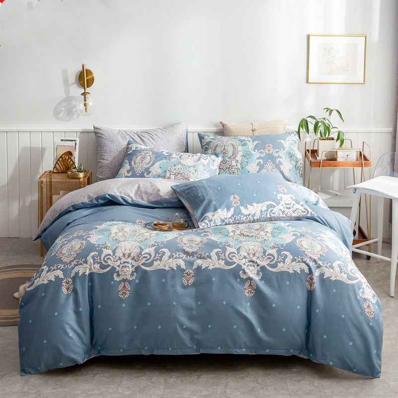 Cotton 4-Piece Bedding Set – Floral Plant Print Bed Linen Set with Duvet Cover