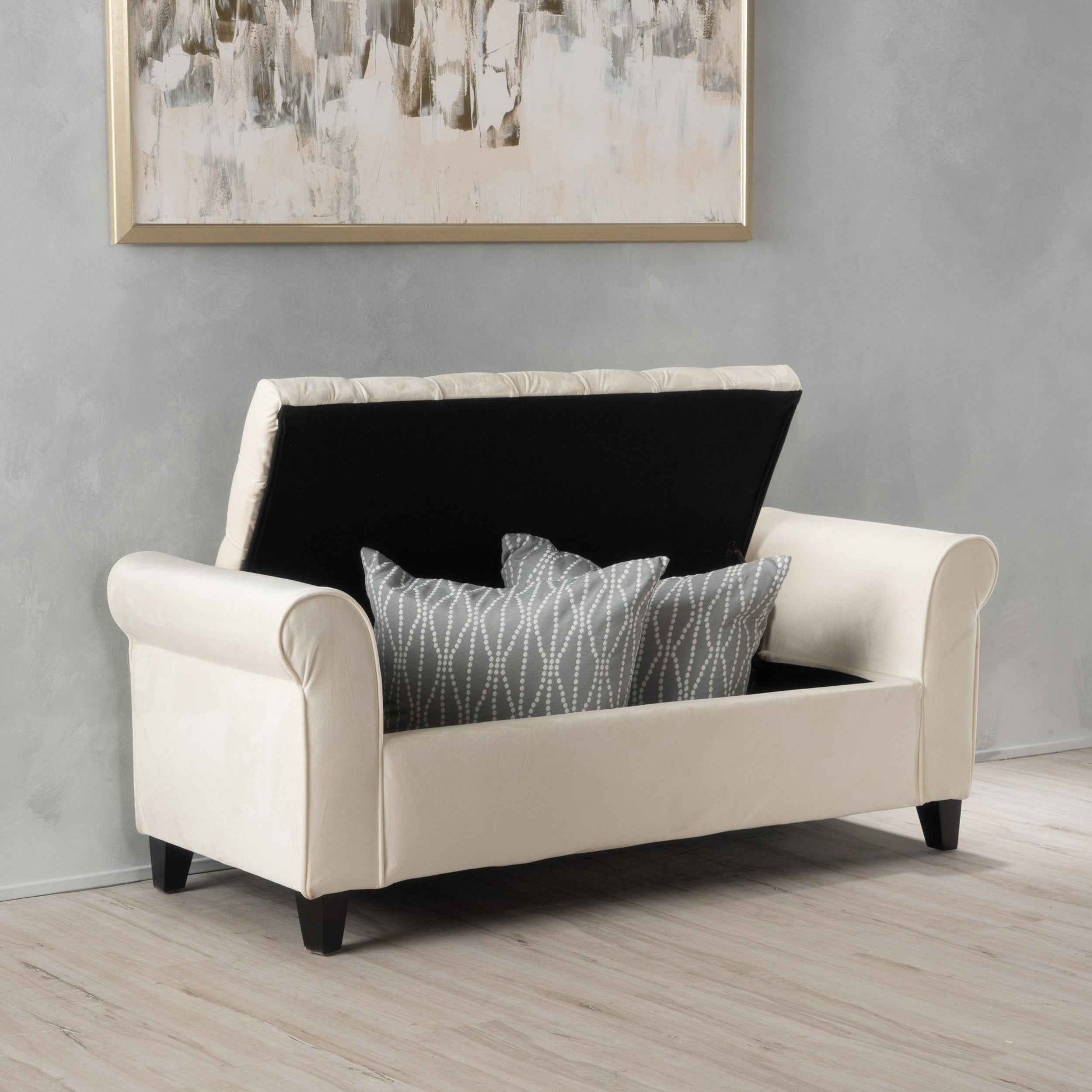 50" Ivory Tufted Storage Bench with Rolled Arms – Upholstered Entryway, Bedroom & Living Room Bench