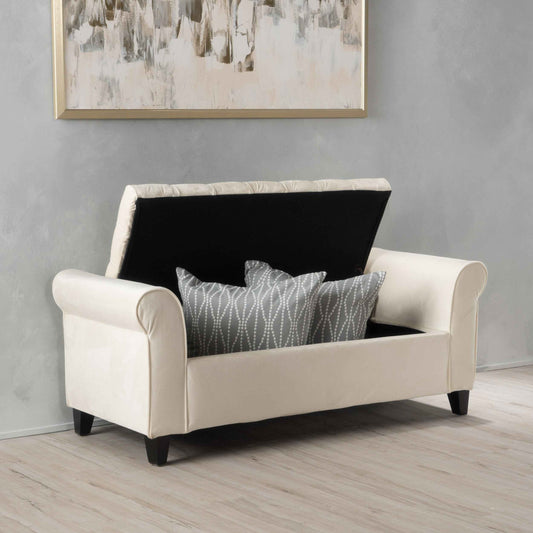 50" Ivory Tufted Storage Bench with Rolled Arms – Upholstered Entryway, Bedroom & Living Room Bench