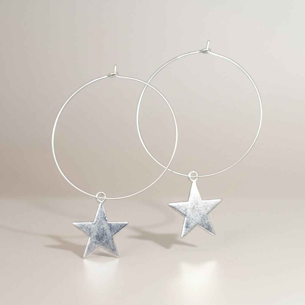 Silver Plate Star On Hoop Earrings