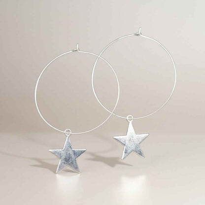 Silver Plate Star On Hoop Earrings
