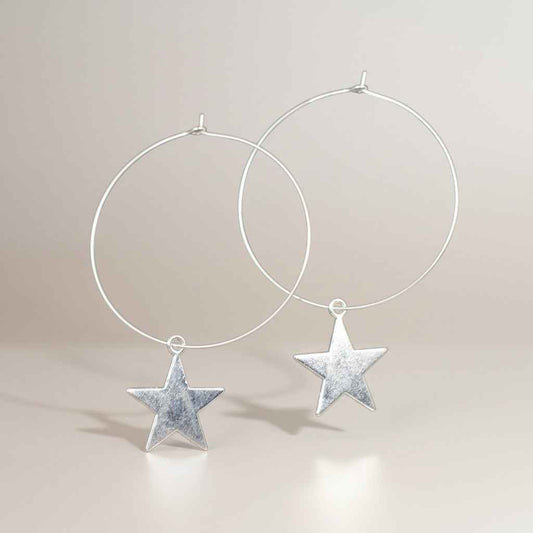 Silver Plate Star On Hoop Earrings