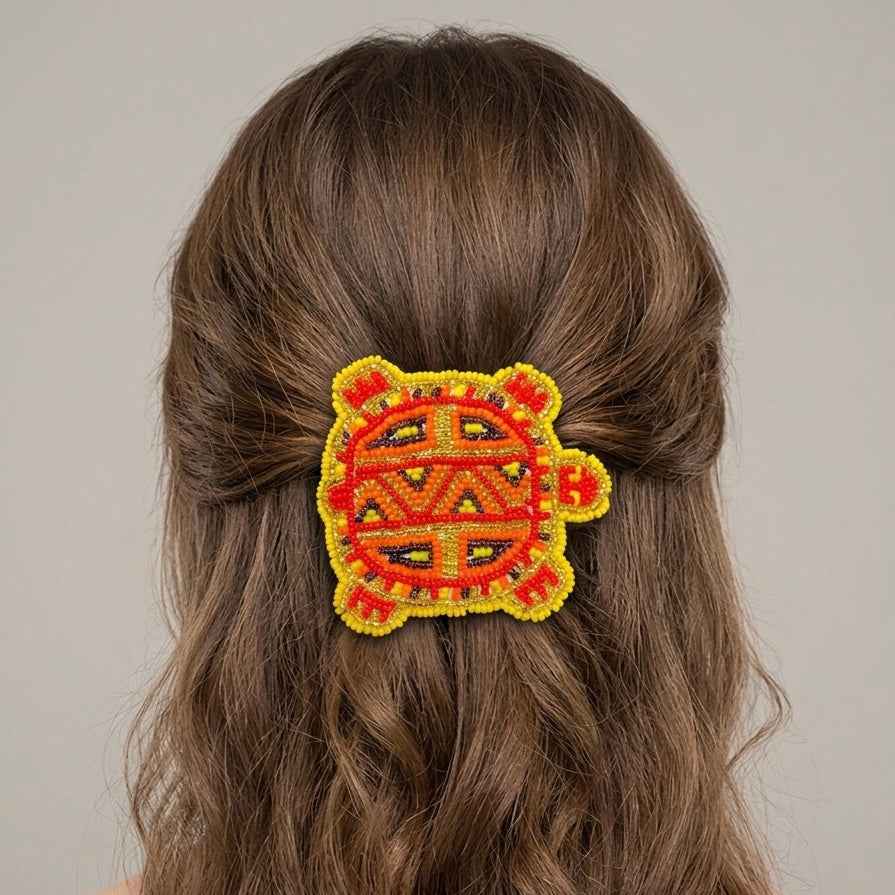 Beaded turtle Barrette Yellow accent