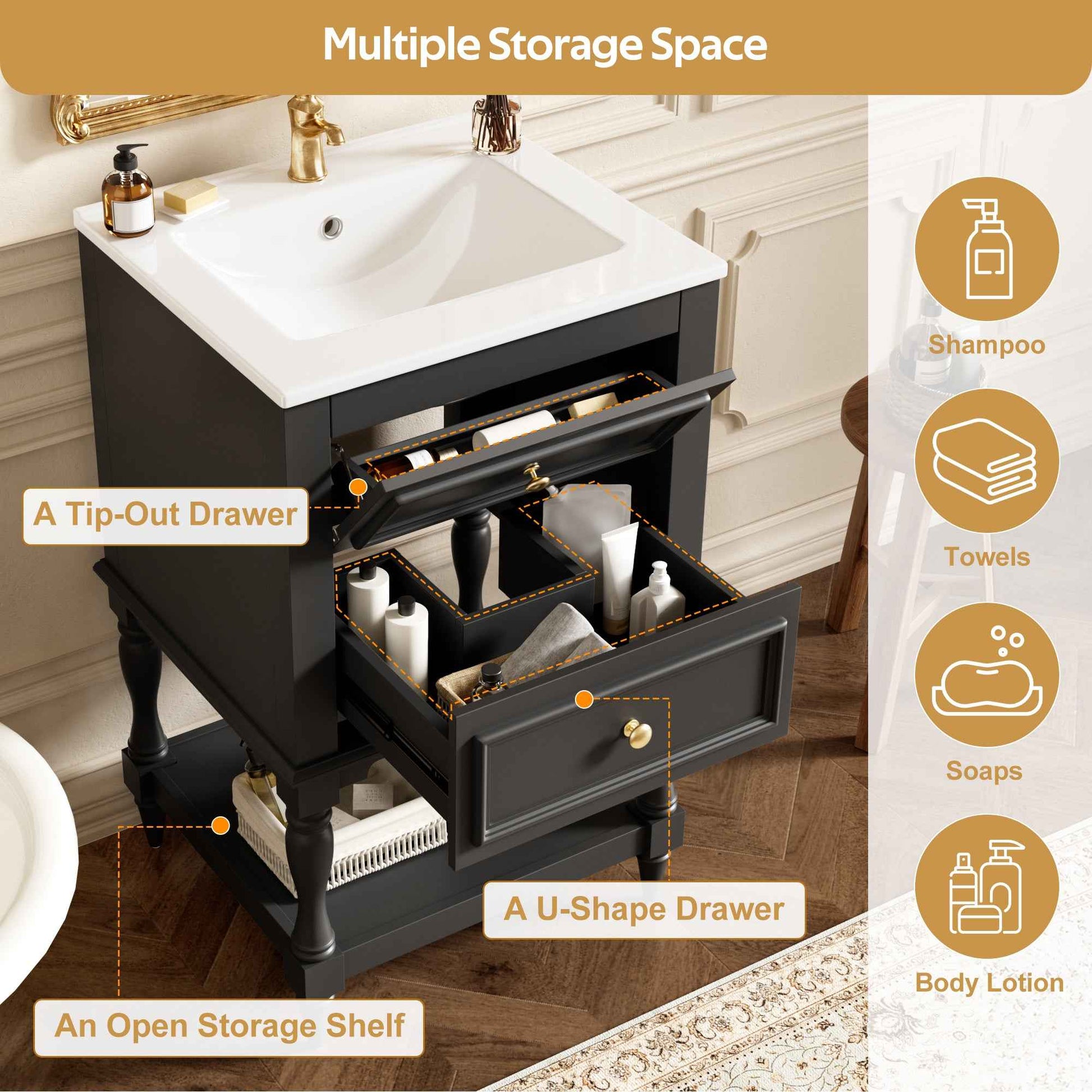 20 Inch Black Bathroom Vanity with Ceramic Sink – Retro Freestanding Cabinet with 2 Drawers