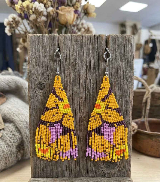Flower Fringe Beaded Earrings (Mustard)