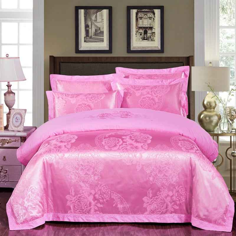 4-Piece Cotton Jacquard Bedding Set – Embroidered Floral Wedding Duvet Cover & Sheet Set