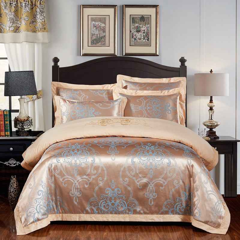 4-Piece Cotton Jacquard Bedding Set – Embroidered Floral Wedding Duvet Cover & Sheet Set