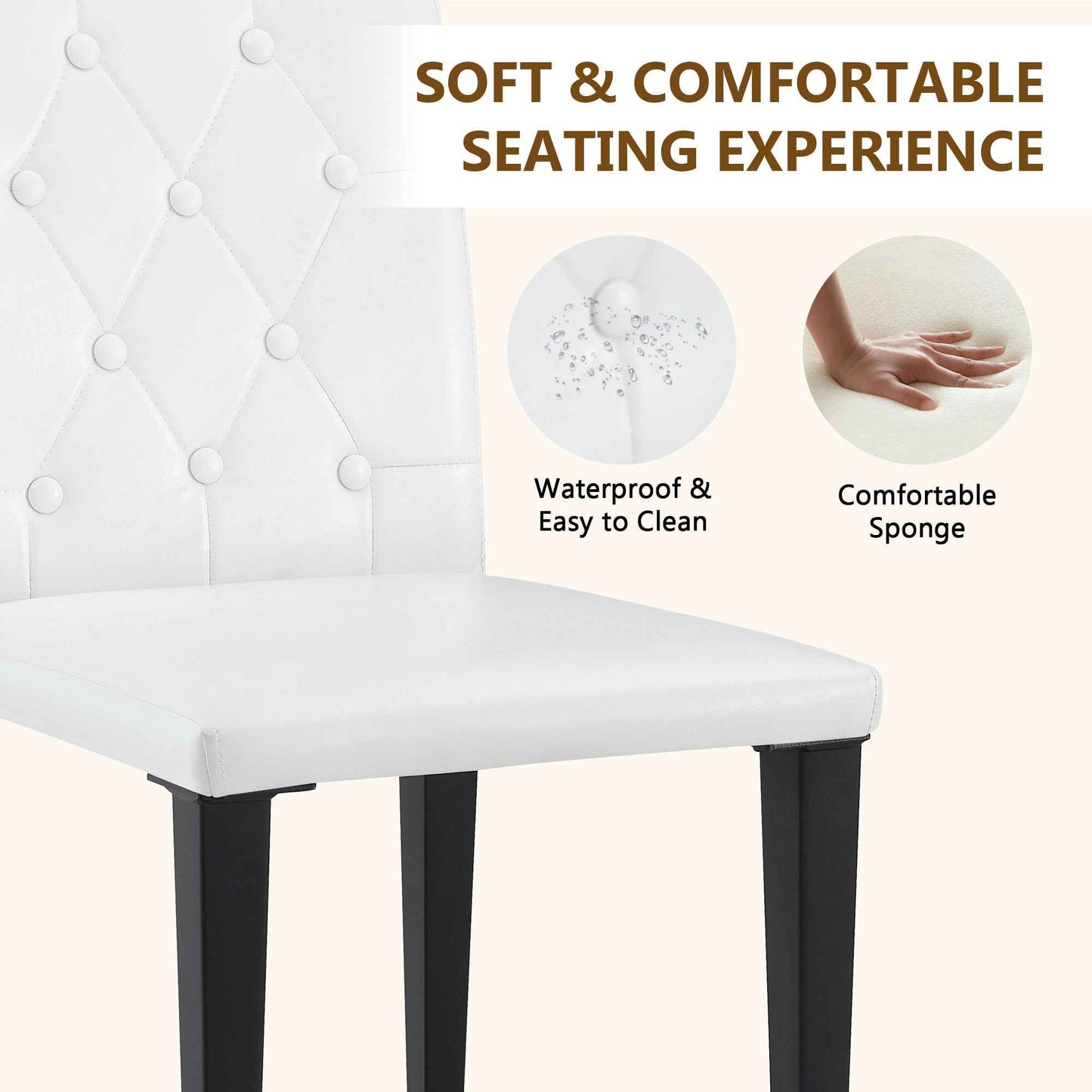 White PU Dining Chairs Set of 2 – Ergonomic Buckle Backrest with Black Metal Legs, Modern Upholstered Kitchen & Dining Chairs (Deliver to United States Only)
