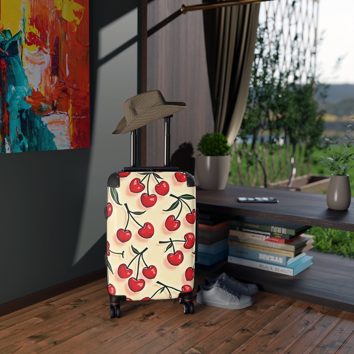 Koffer mit Kirschmotiv — Retro-Schutzhülle für Handgepäck mit roten Kirschen